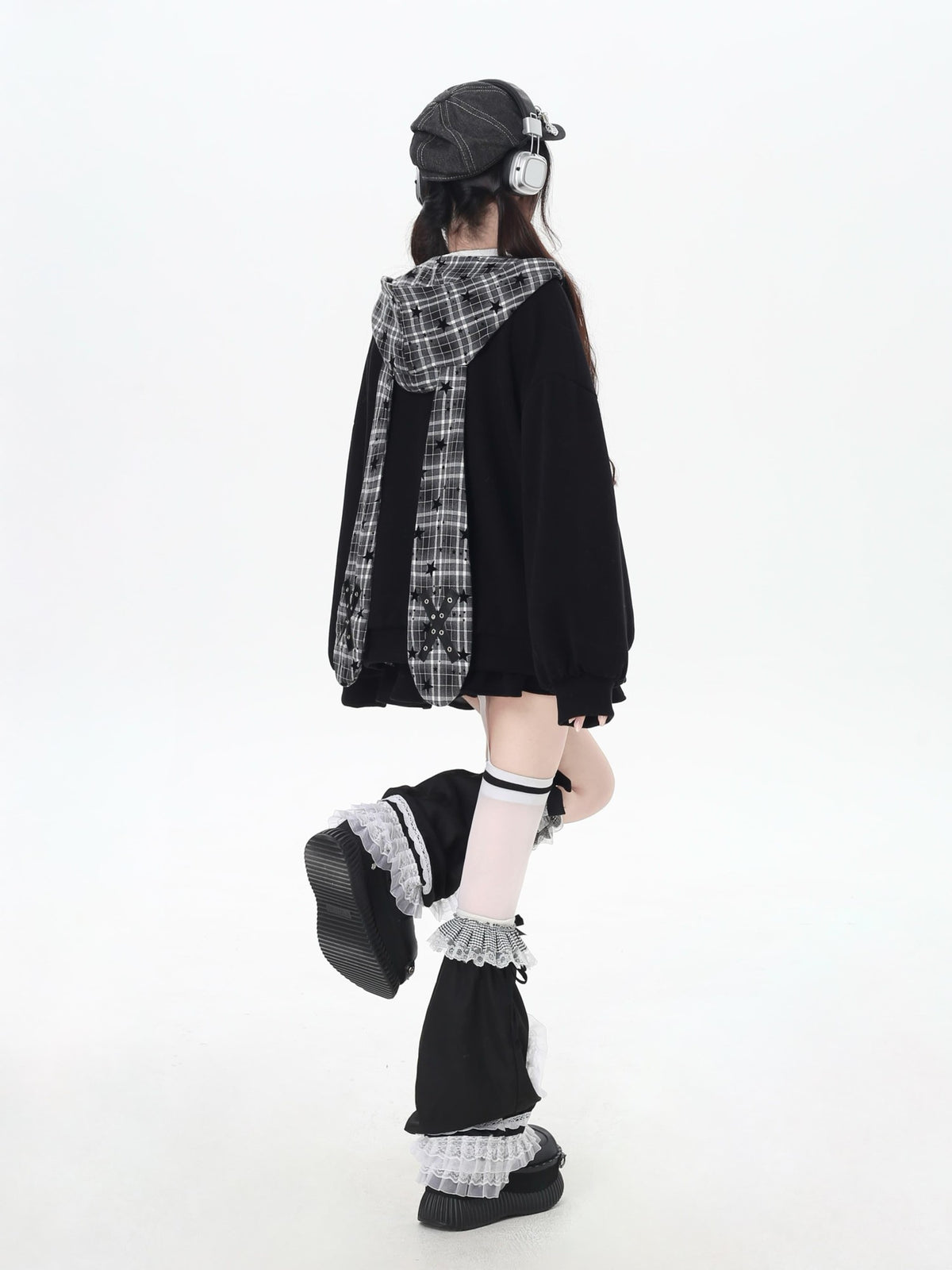 CRAZYGIRL Plaid Rabbit Ear Embroidered Hooded Loose Women&