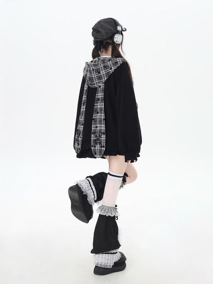 CRAZYGIRL Plaid Rabbit Ear Embroidered Hooded Loose Women&