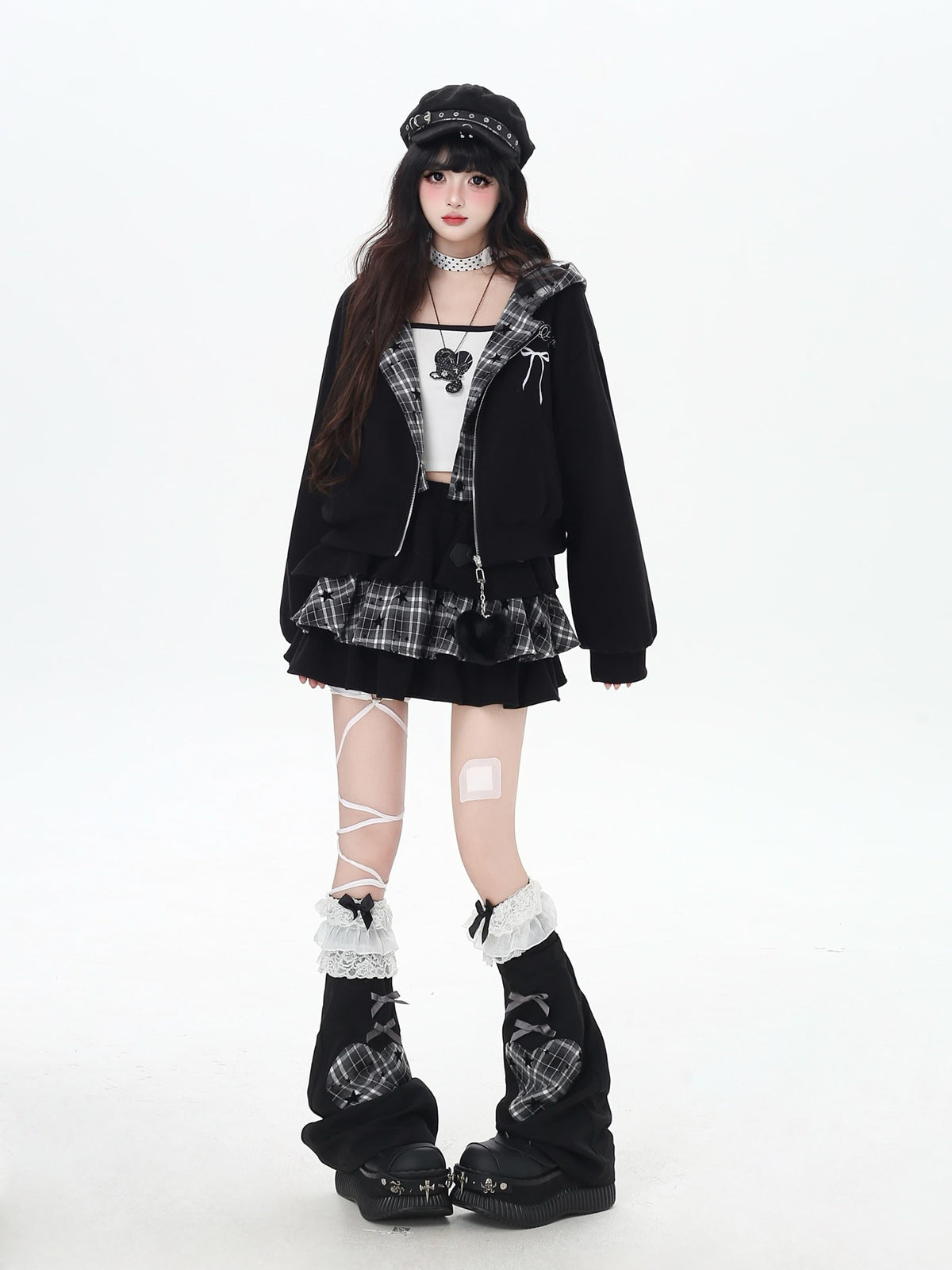 CRAZYGIRL Plaid Rabbit Ear Embroidered Hooded Loose Women&
