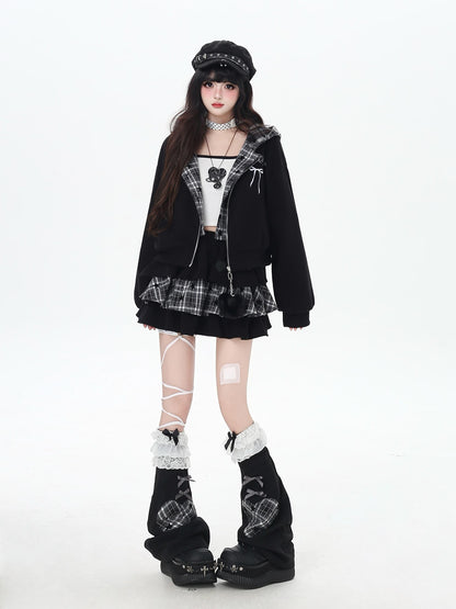 CRAZYGIRL Plaid Rabbit Ear Embroidered Hooded Loose Women&