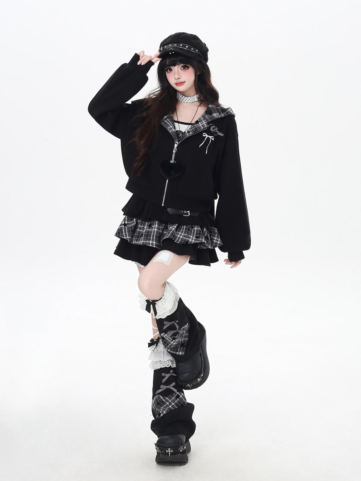 CRAZYGIRL Plaid Rabbit Ear Embroidered Hooded Loose Women&