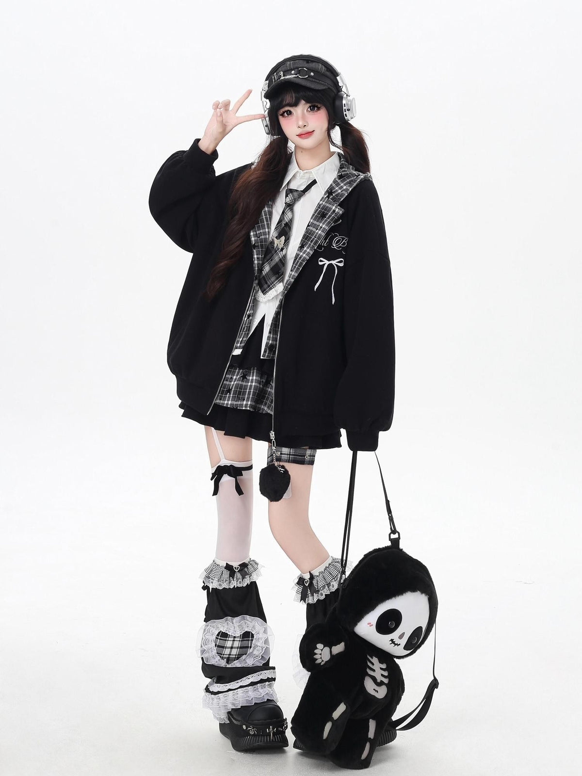 CRAZYGIRL Plaid Rabbit Ear Embroidered Hooded Loose Women&
