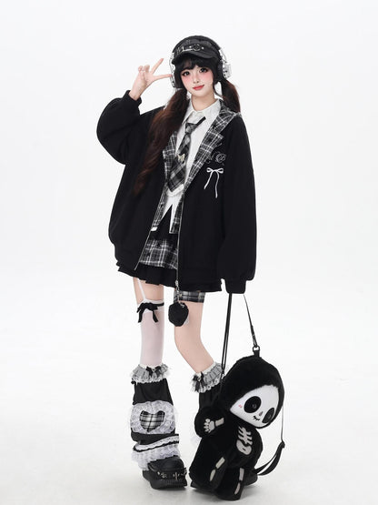 CRAZYGIRL Plaid Rabbit Ear Embroidered Hooded Loose Women&