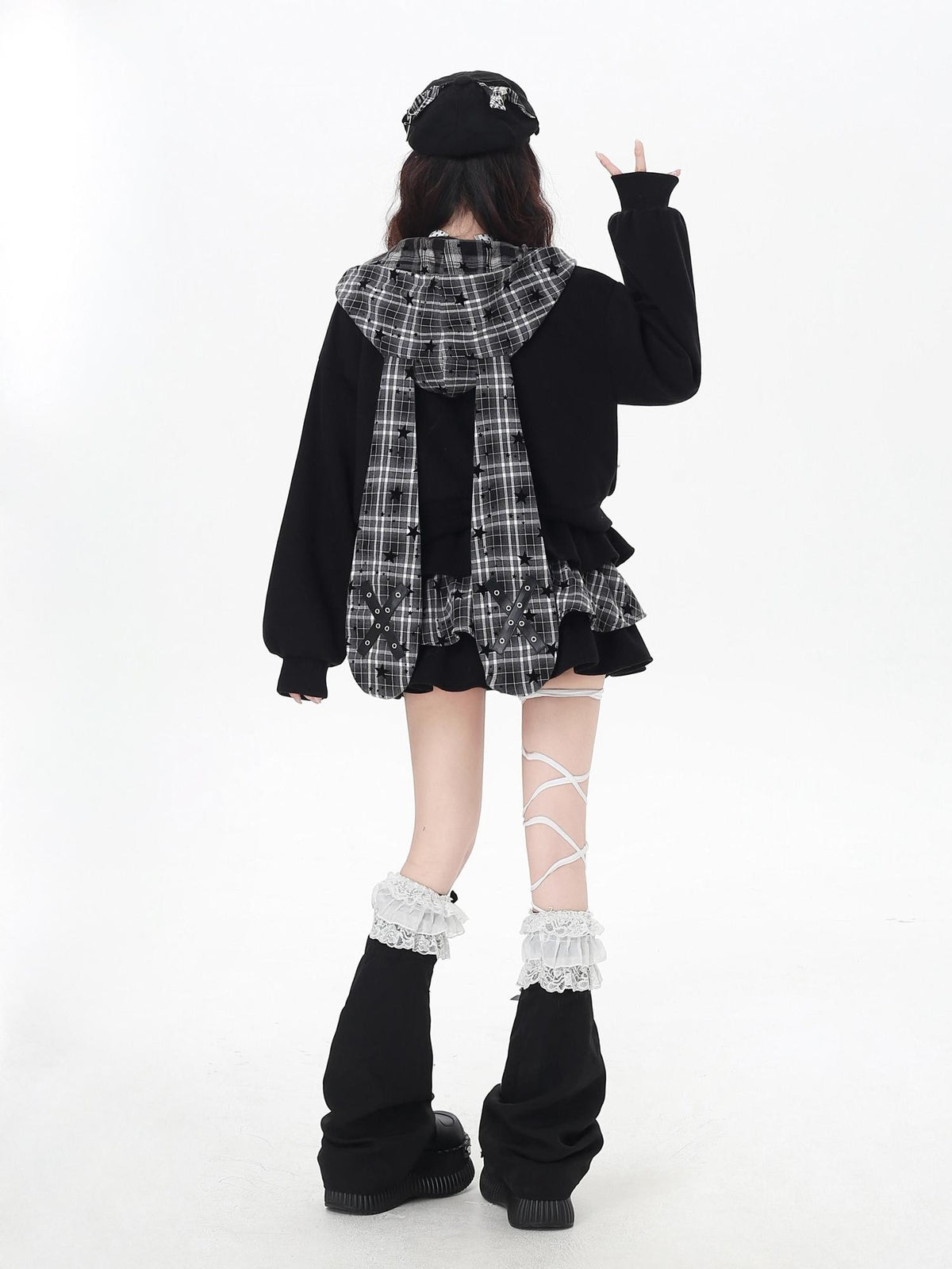CRAZYGIRL Plaid Rabbit Ear Embroidered Hooded Loose Women&