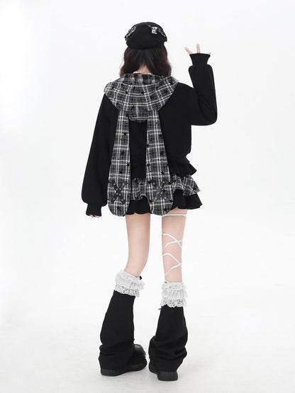 CRAZYGIRL Plaid Rabbit Ear Embroidered Hooded Loose Women&