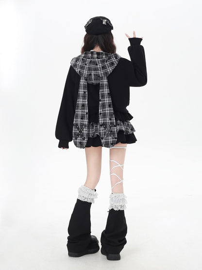 CRAZYGIRL Plaid Rabbit Ear Embroidered Hooded Loose Women&