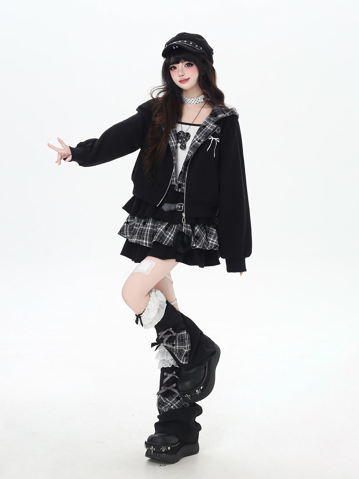 CRAZYGIRL Plaid Rabbit Ear Embroidered Hooded Loose Women&