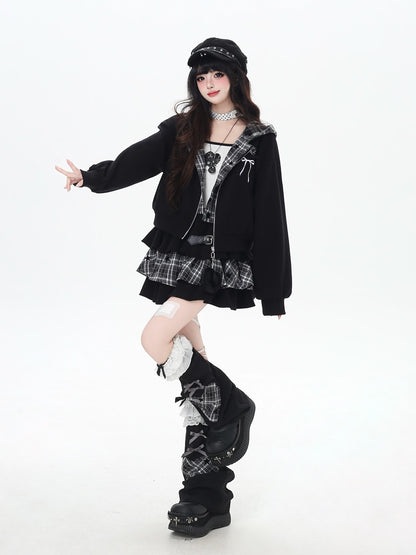 CRAZYGIRL Plaid Rabbit Ear Embroidered Hooded Loose Women&