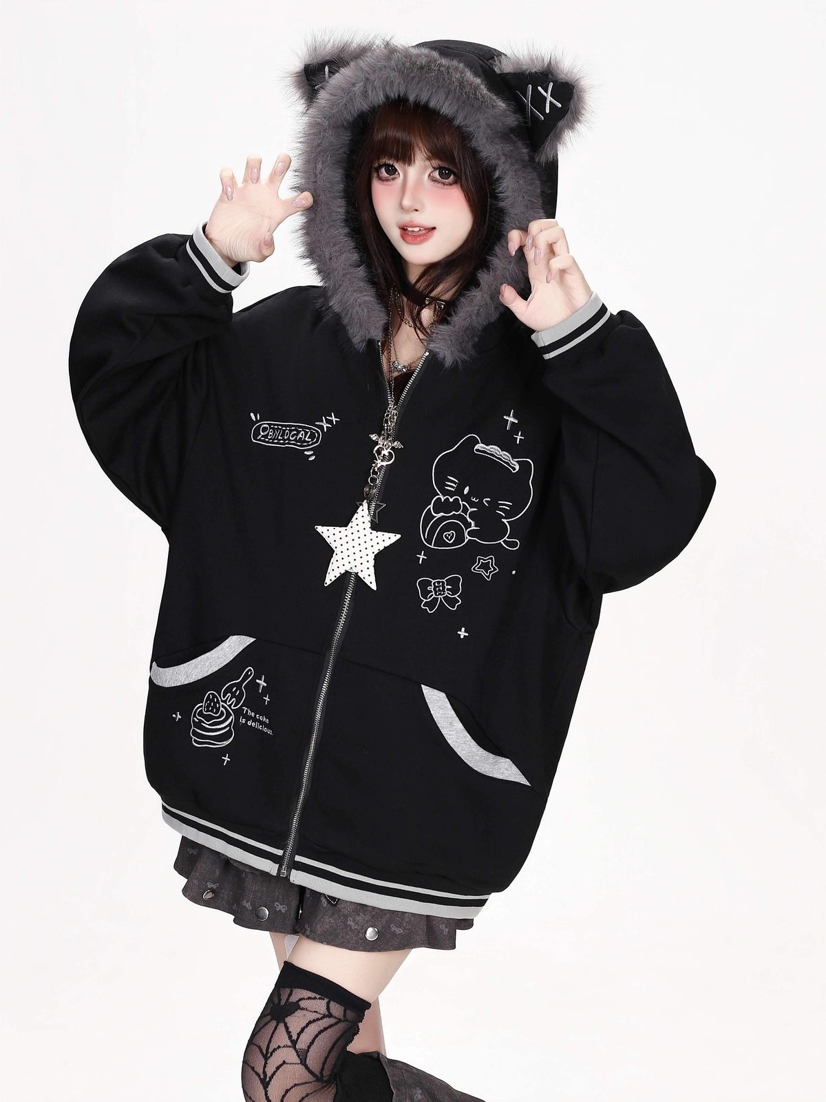 CRAZYGIRL_Plush_3d_Cat_Ear_Striped_Loose_Fit_Zip_Up_Hooded_Women&