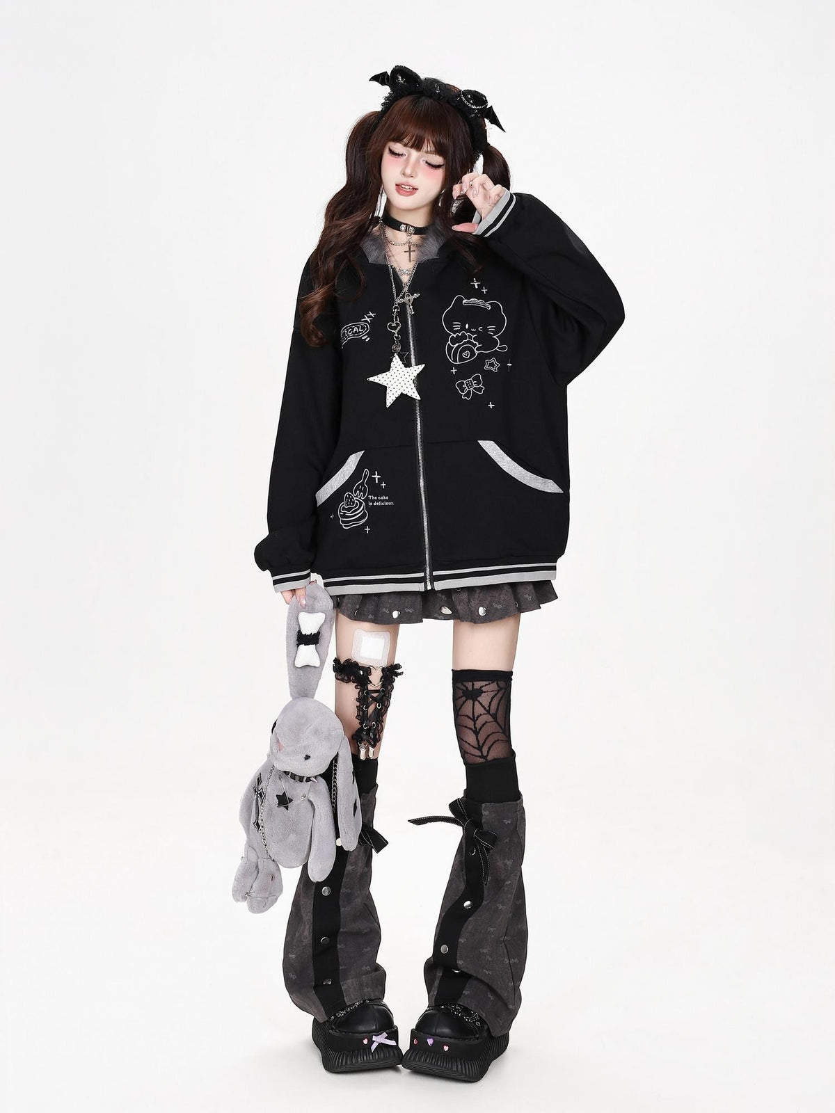 CRAZYGIRL Plush 3d Cat Ear Striped Loose Fit Zip Up Hooded Women&