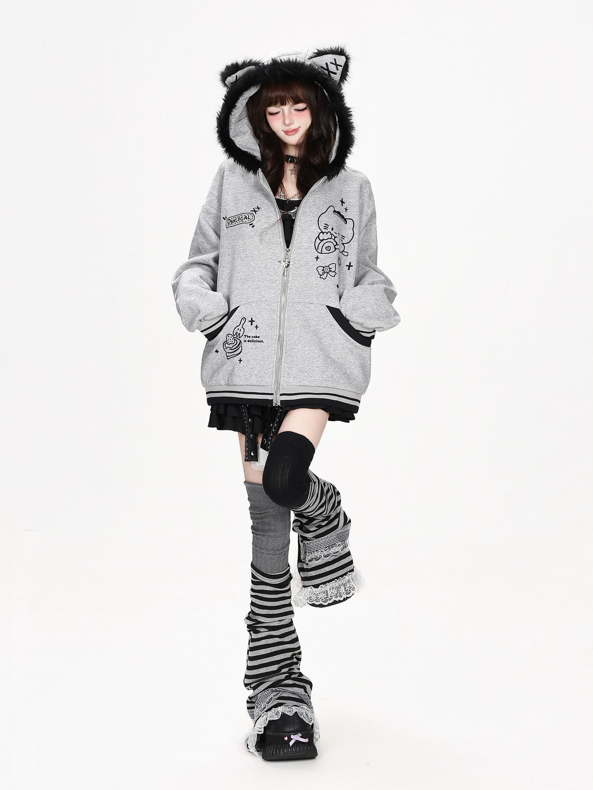 CRAZYGIRL Plush 3d Cat Ear Striped Loose Fit Zip Up Hooded Women&