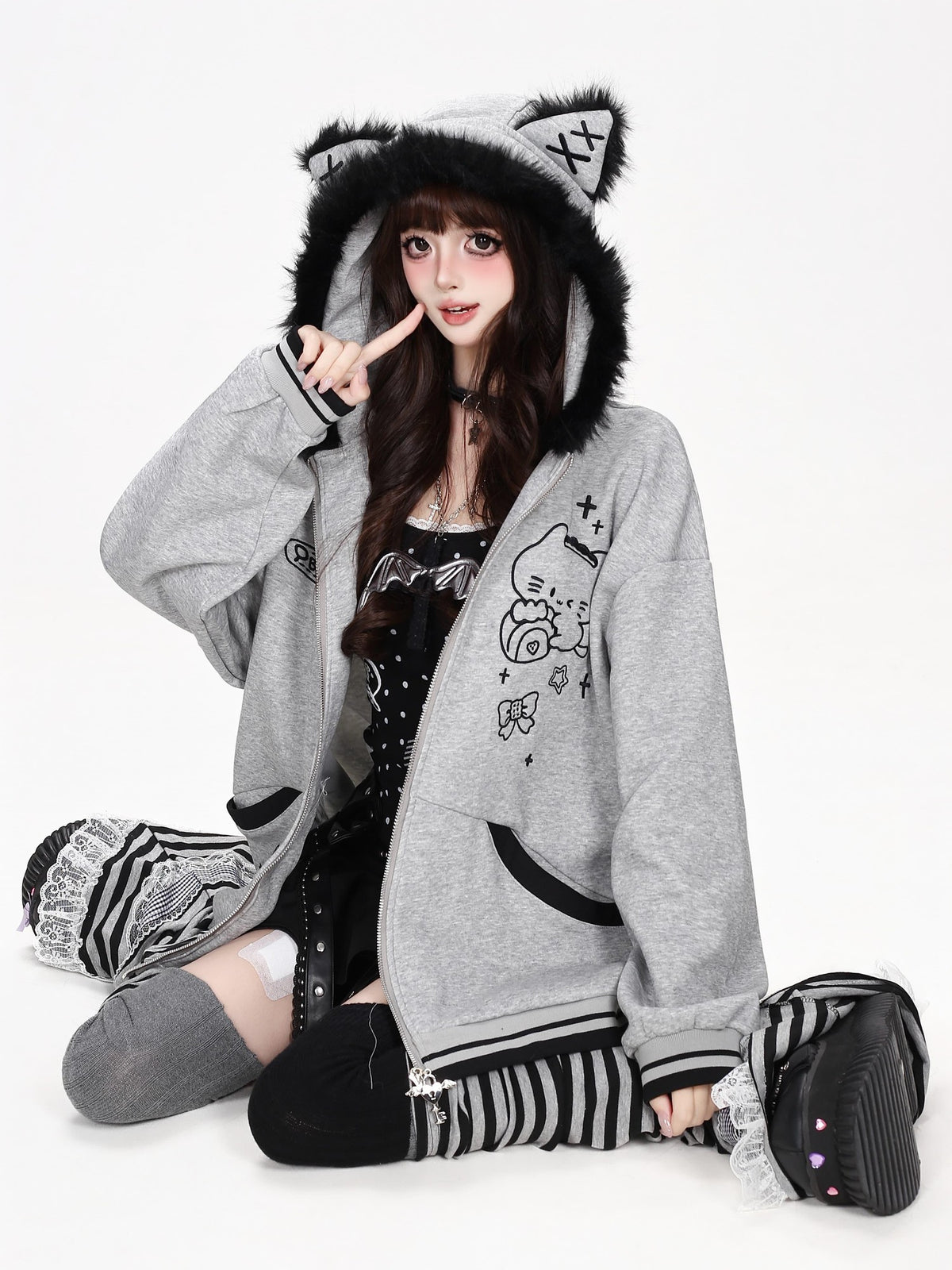 CRAZYGIRL Plush 3d Cat Ear Striped Loose Fit Zip Up Hooded Women&