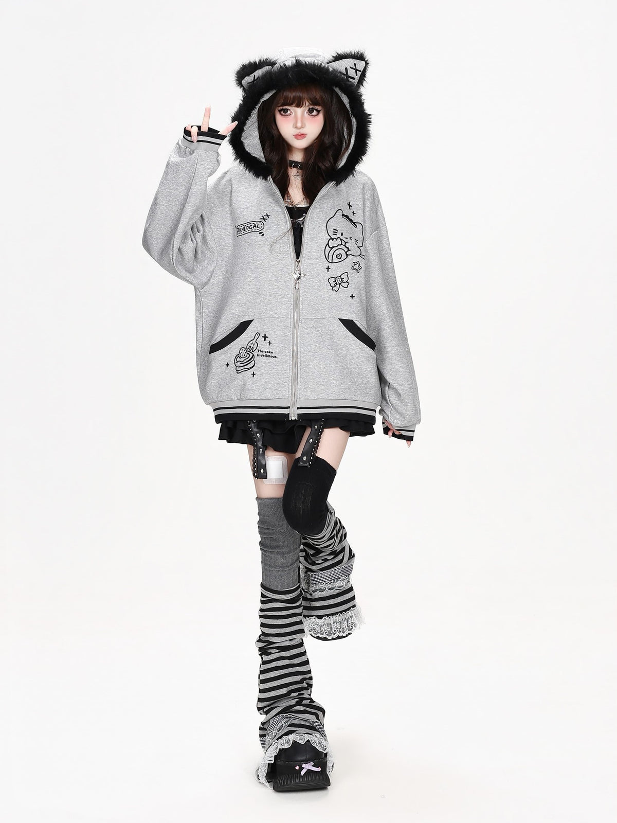 CRAZYGIRL Plush 3d Cat Ear Striped Loose Fit Zip Up Hooded Women&