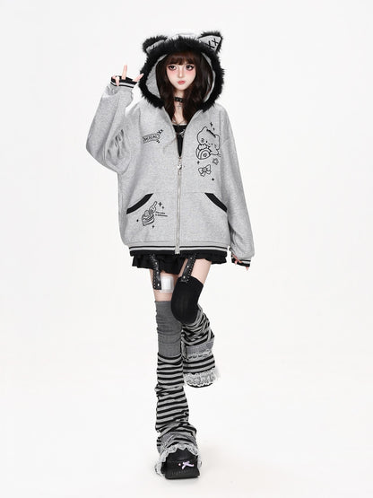 CRAZYGIRL Plush 3d Cat Ear Striped Loose Fit Zip Up Hooded Women&