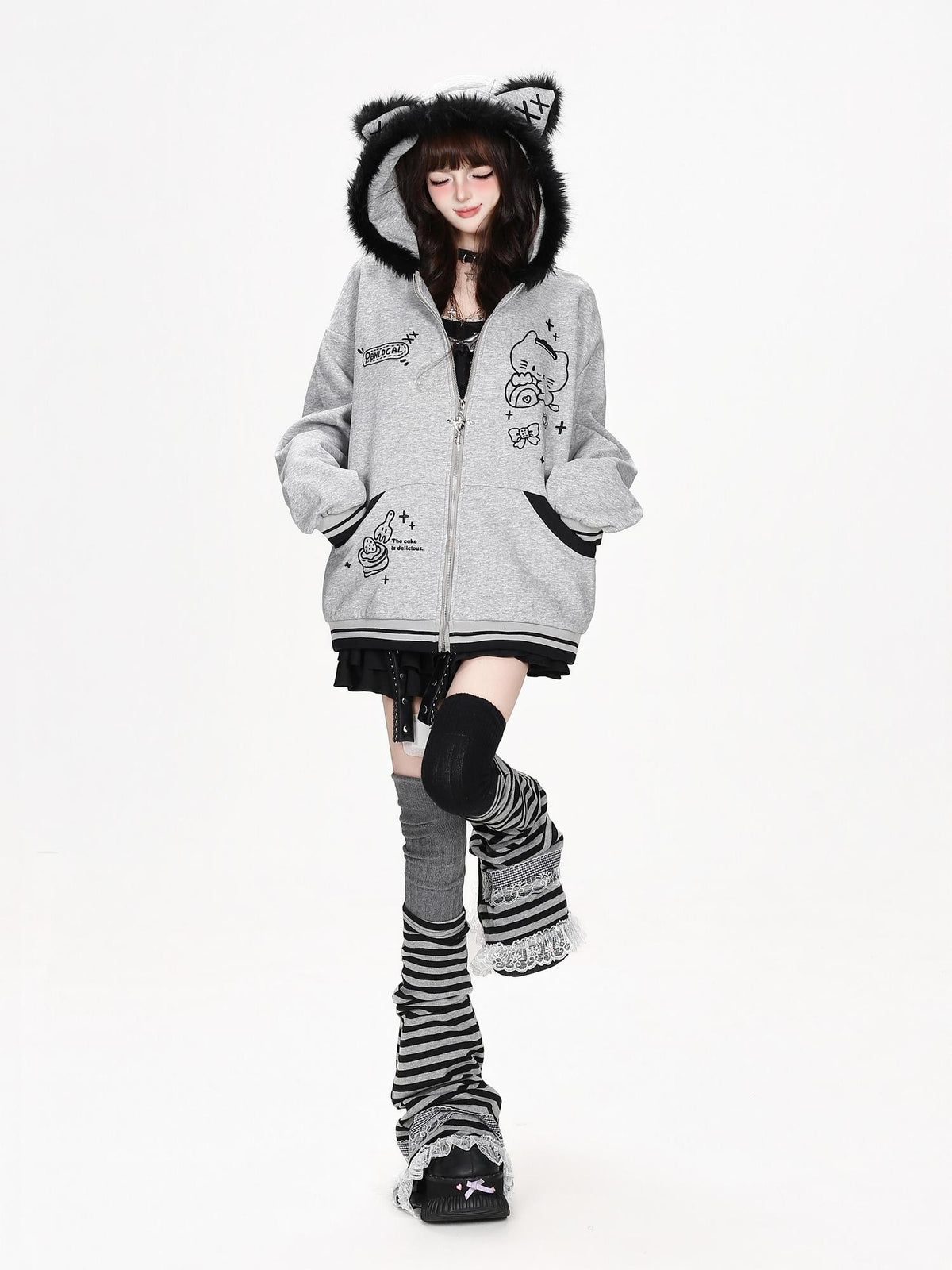 CRAZYGIRL Plush 3d Cat Ear Striped Loose Fit Zip Up Hooded Women&