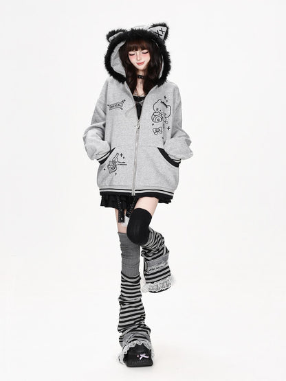 CRAZYGIRL Plush 3d Cat Ear Striped Loose Fit Zip Up Hooded Women&