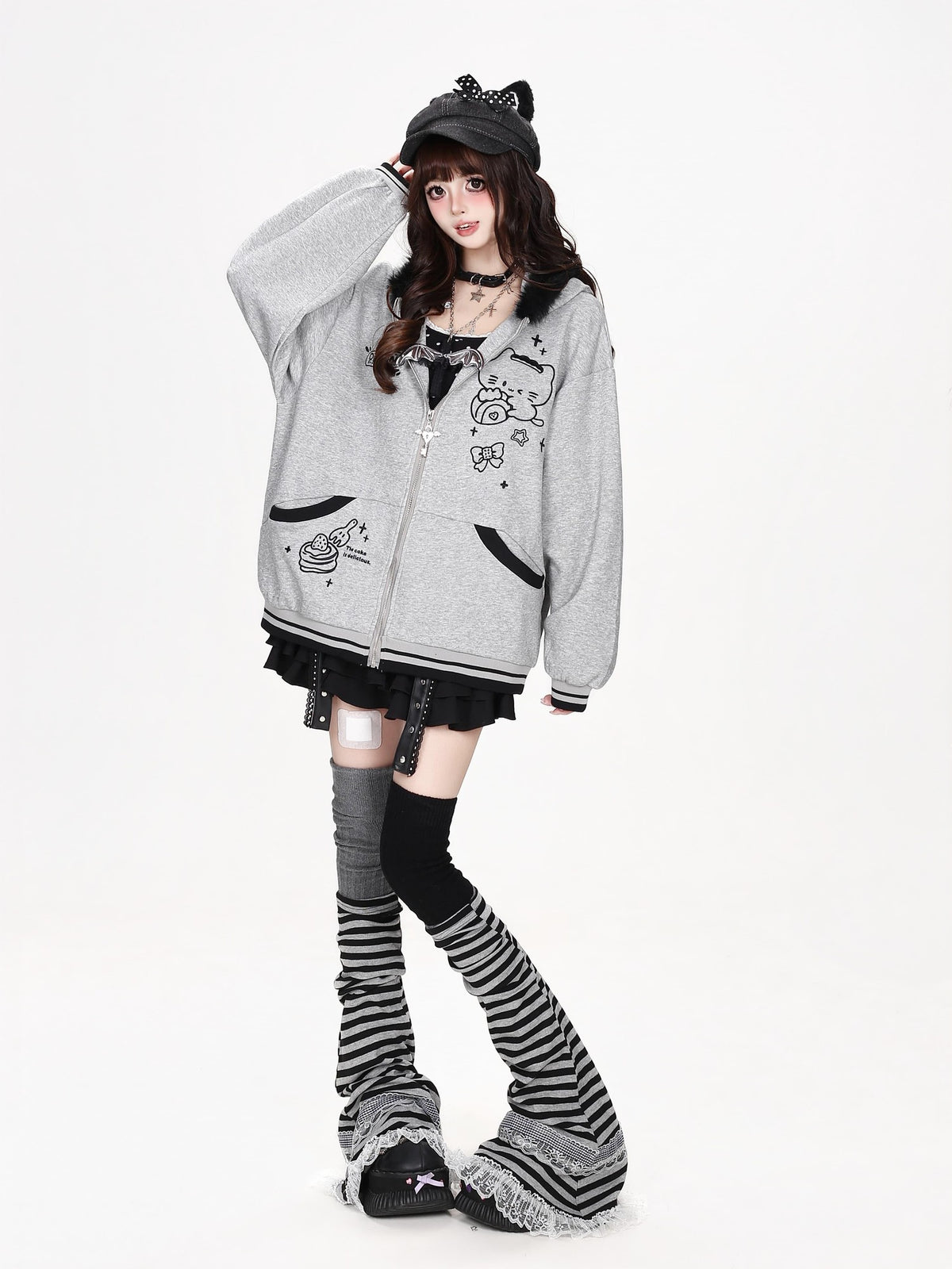 CRAZYGIRL Plush 3d Cat Ear Striped Loose Fit Zip Up Hooded Women&