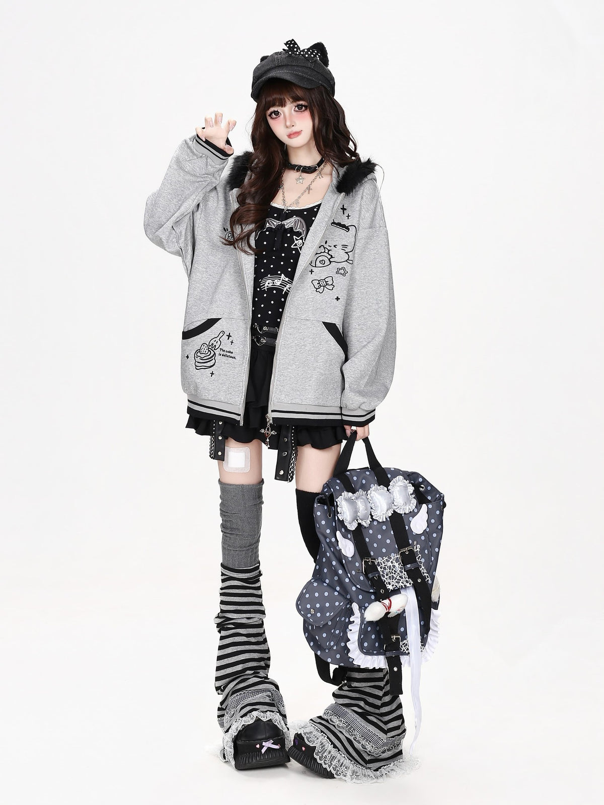 CRAZYGIRL Plush 3d Cat Ear Striped Loose Fit Zip Up Hooded Women&