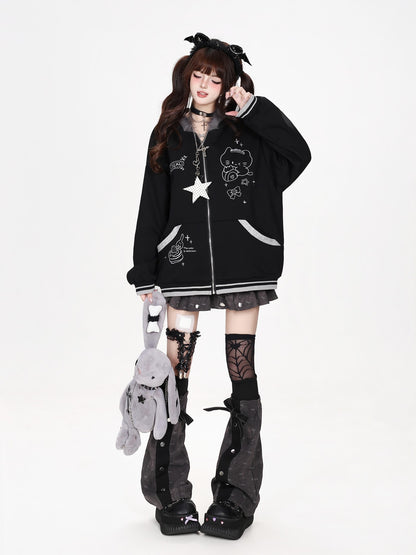 CRAZYGIRL Plush 3d Cat Ear Striped Loose Fit Zip Up Hooded Women&