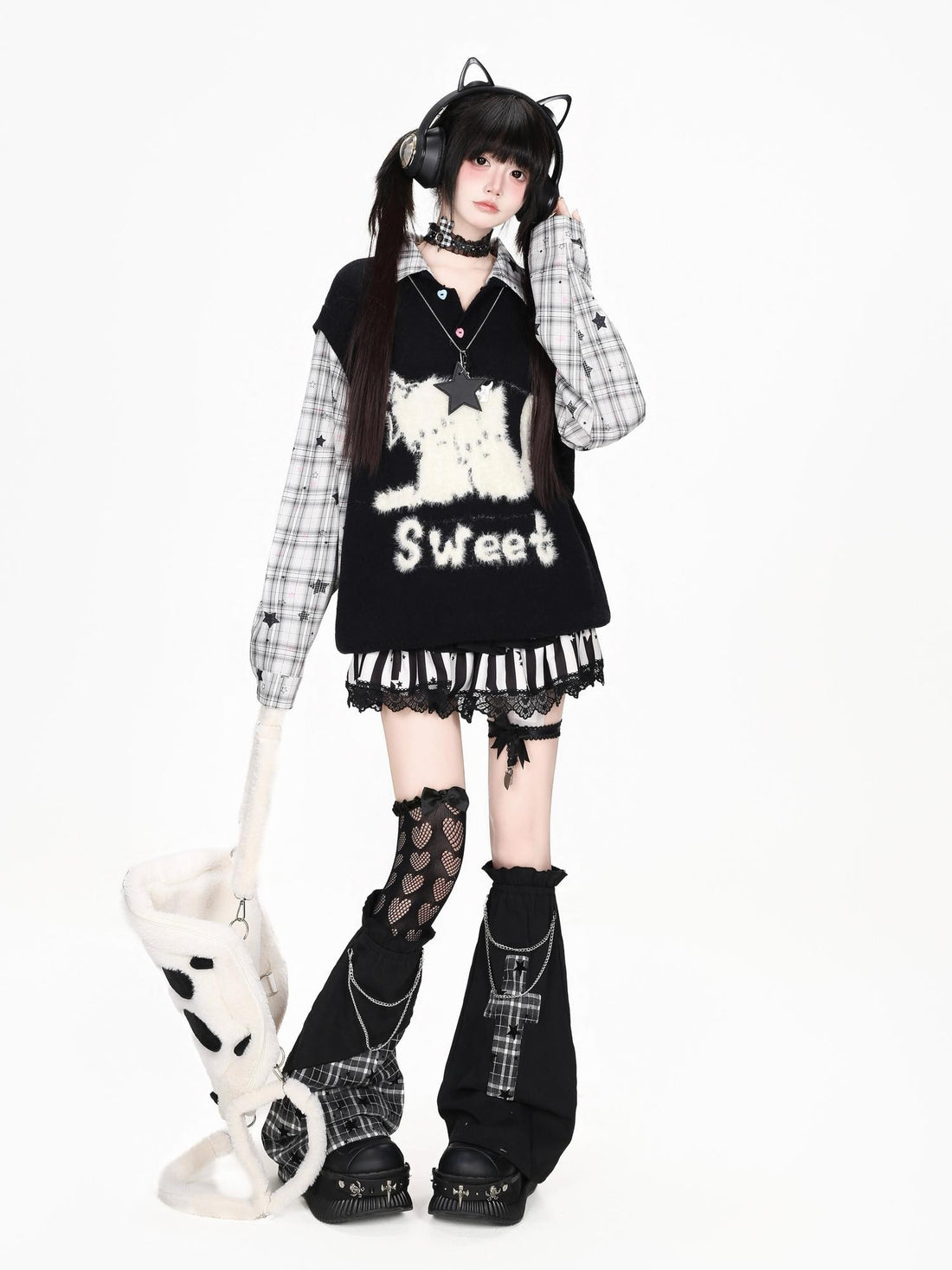CRAZYGIRL Plush Cat Applique Plaid Patchwork Faux Two Piece Polo Collar Women&