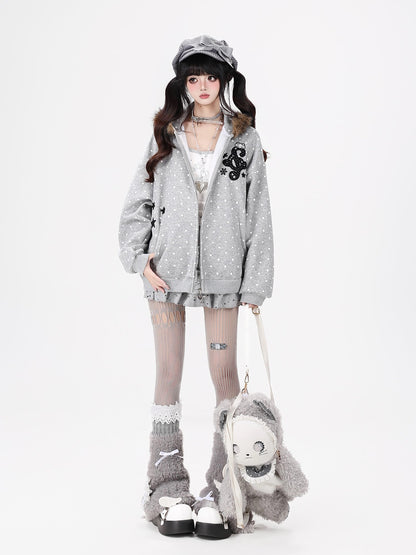 CRAZYGIRL Polka Dot Bear Embroidered Hooded Fleece Women&