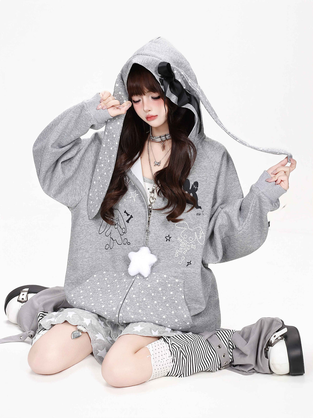 CRAZYGIRL_Polka_Dot_Bow_Rabbit_Ear_Loose_Fit_Zip_Up_Women&