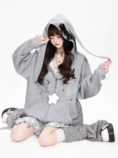 CRAZYGIRL_Polka_Dot_Bow_Rabbit_Ear_Loose_Fit_Zip_Up_Women&
