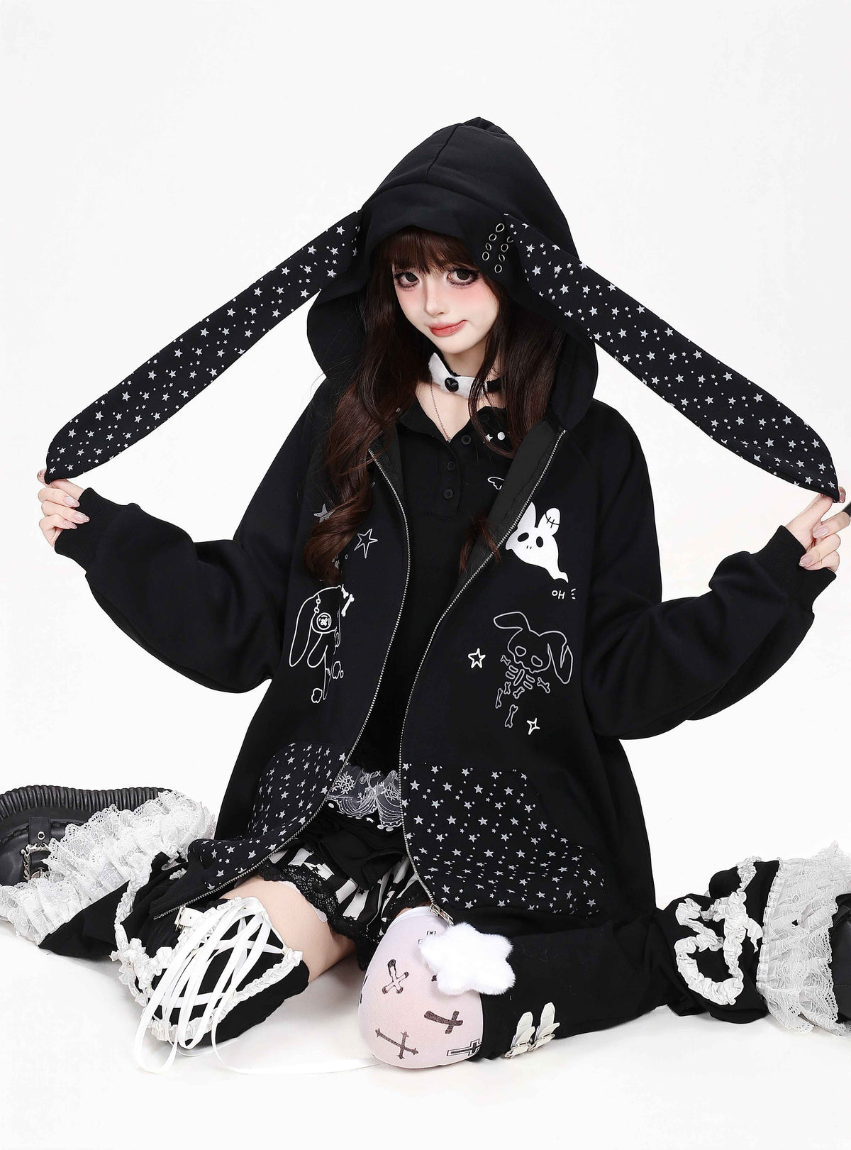 CRAZYGIRL_Polka_Dot_Bow_Rabbit_Ear_Loose_Fit_Zip_Up_Women&