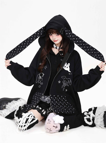 CRAZYGIRL_Polka_Dot_Bow_Rabbit_Ear_Loose_Fit_Zip_Up_Women&