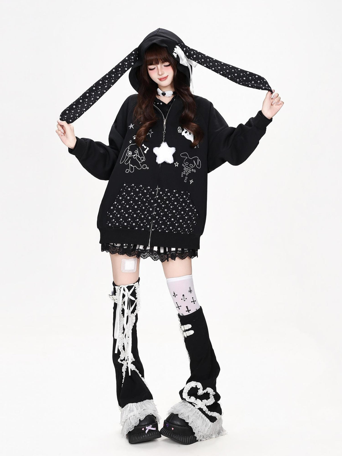 CRAZYGIRL Polka Dot Bow Rabbit Ear Loose Fit Zip Up Women&