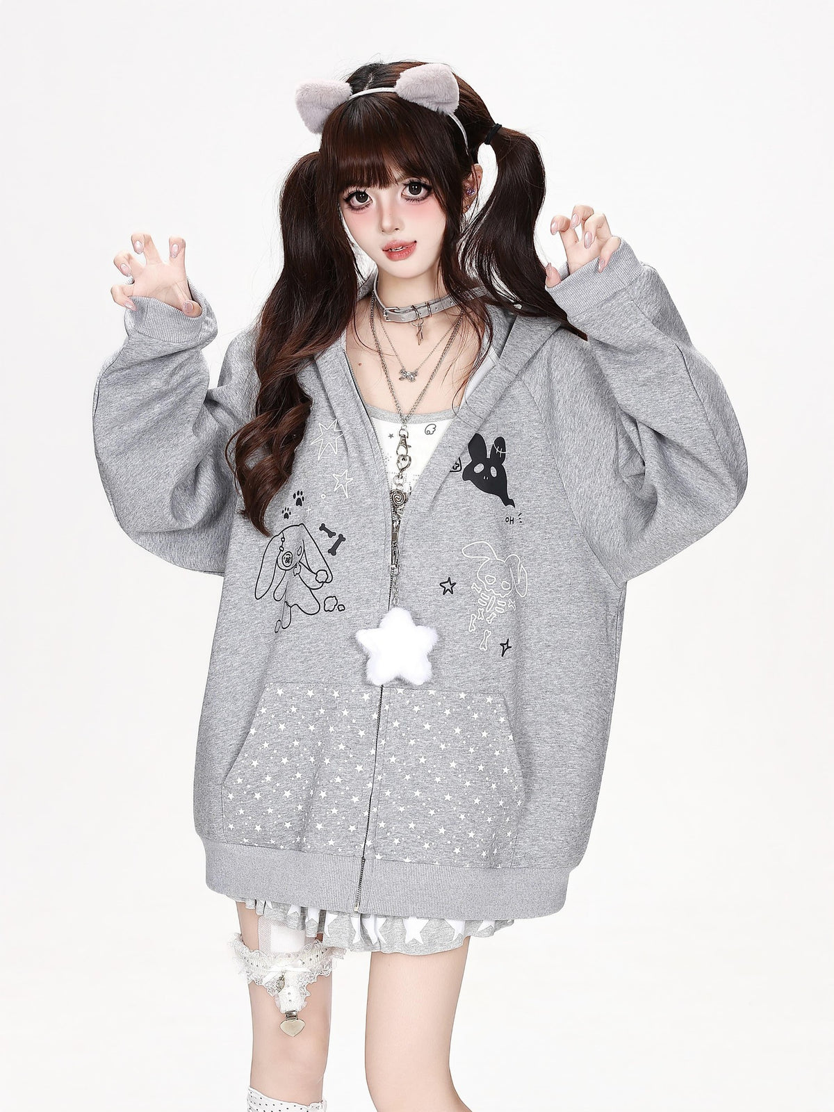 CRAZYGIRL Polka Dot Bow Rabbit Ear Loose Fit Zip Up Women&