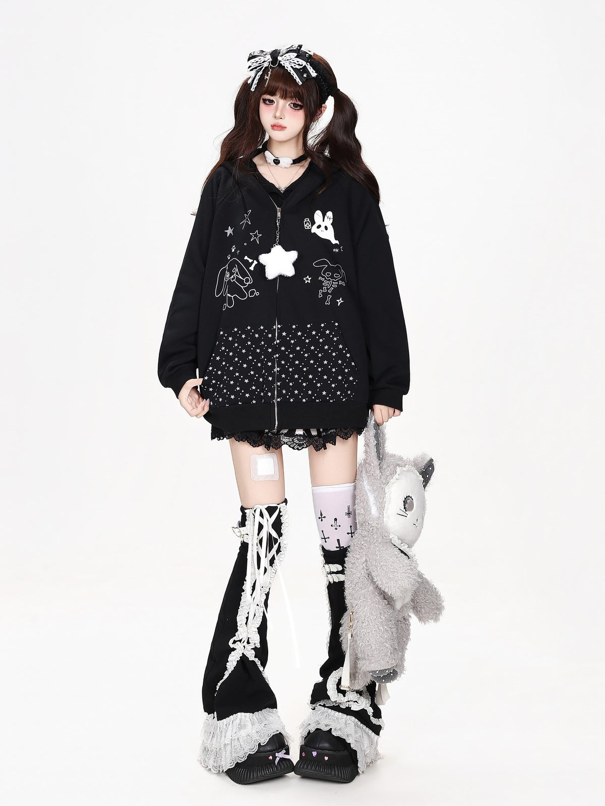 CRAZYGIRL Polka Dot Bow Rabbit Ear Loose Fit Zip Up Women&