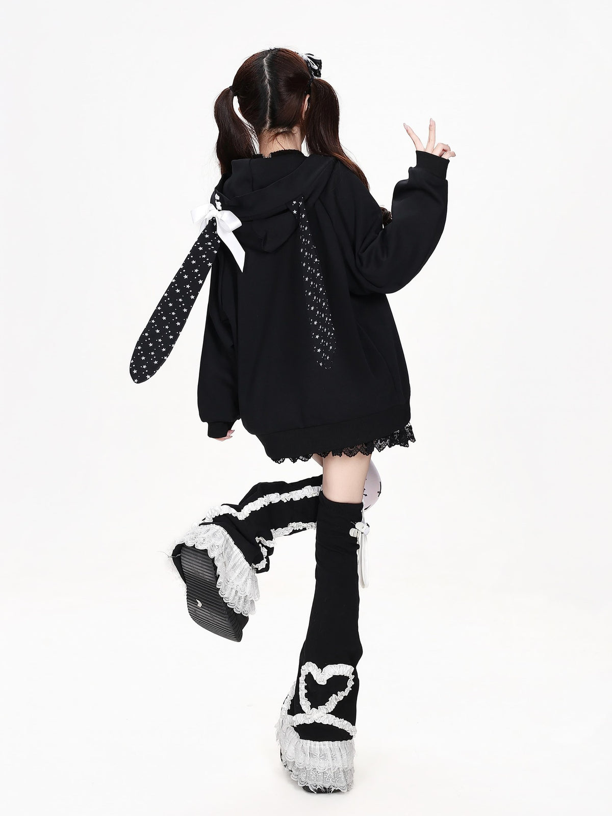 CRAZYGIRL Polka Dot Bow Rabbit Ear Loose Fit Zip Up Women&