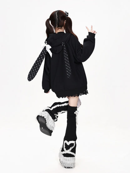 CRAZYGIRL Polka Dot Bow Rabbit Ear Loose Fit Zip Up Women&