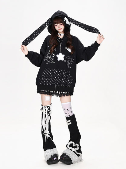 CRAZYGIRL Polka Dot Bow Rabbit Ear Loose Fit Zip Up Women&