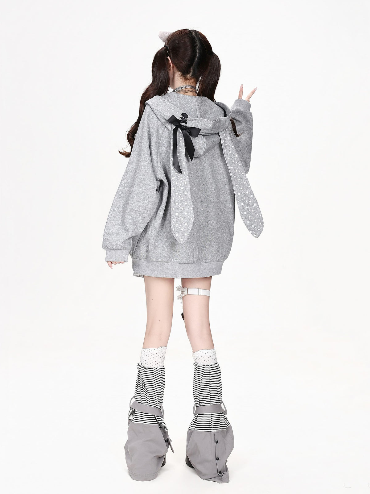 CRAZYGIRL Polka Dot Bow Rabbit Ear Loose Fit Zip Up Women&