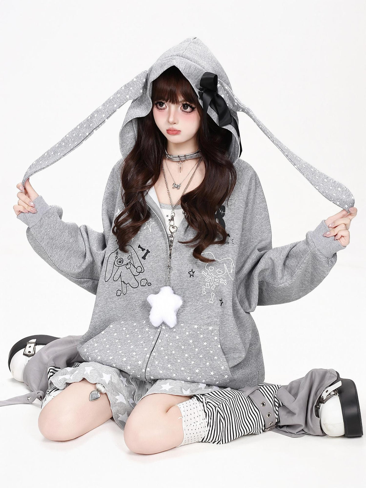 CRAZYGIRL Polka Dot Bow Rabbit Ear Loose Fit Zip Up Women&