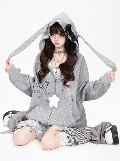 CRAZYGIRL Polka Dot Bow Rabbit Ear Loose Fit Zip Up Women&