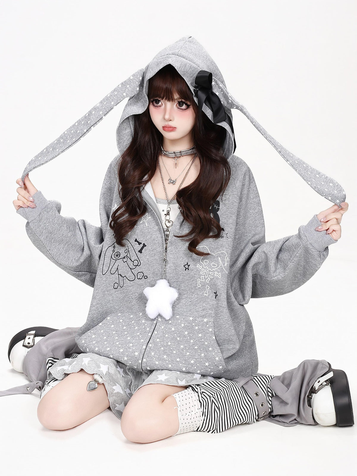 CRAZYGIRL Polka Dot Bow Rabbit Ear Loose Fit Zip Up Women&