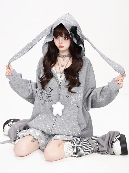 CRAZYGIRL Polka Dot Bow Rabbit Ear Loose Fit Zip Up Women&