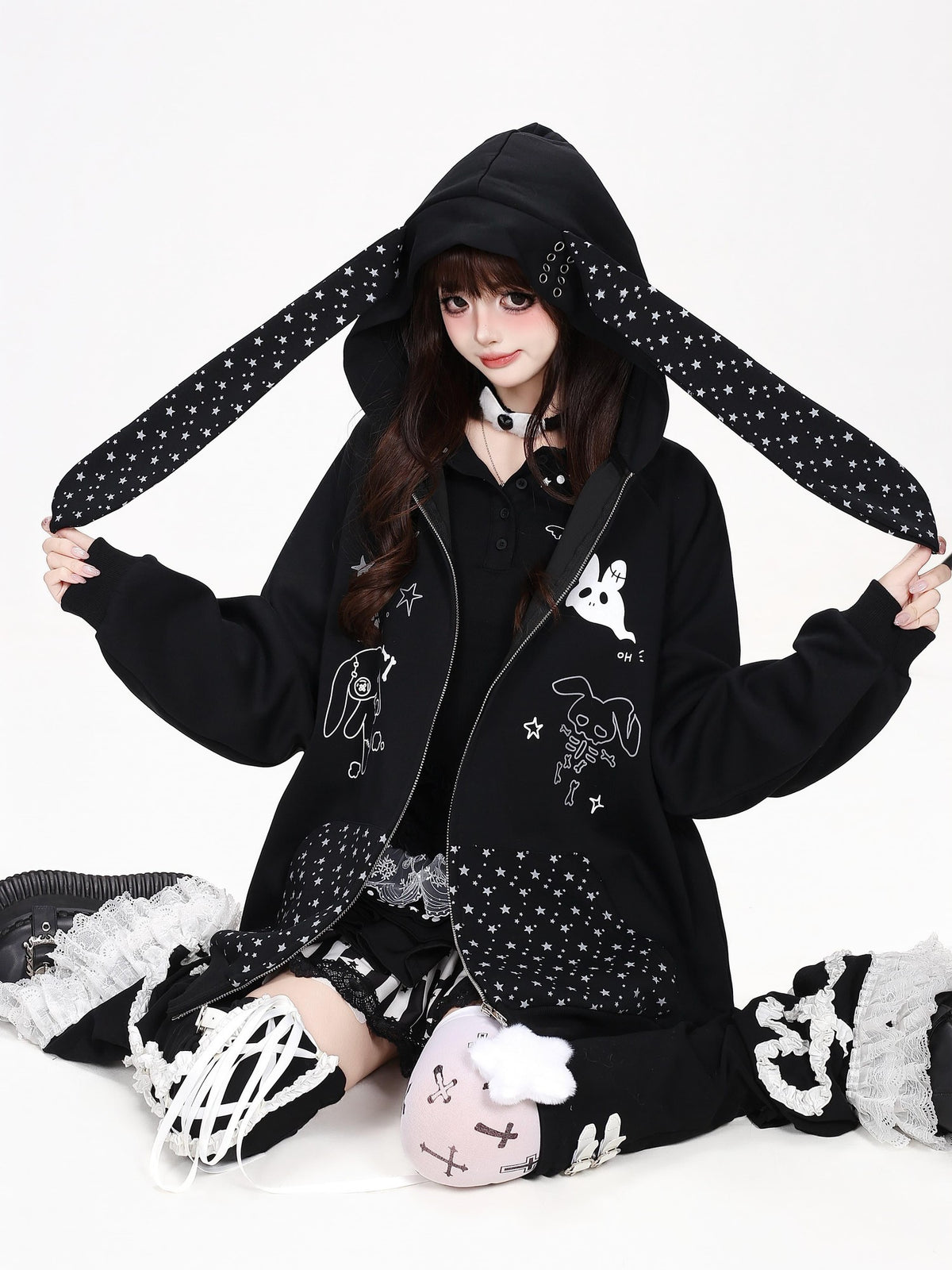 CRAZYGIRL Polka Dot Bow Rabbit Ear Loose Fit Zip Up Women&