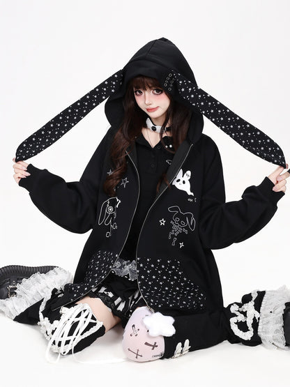 CRAZYGIRL Polka Dot Bow Rabbit Ear Loose Fit Zip Up Women&
