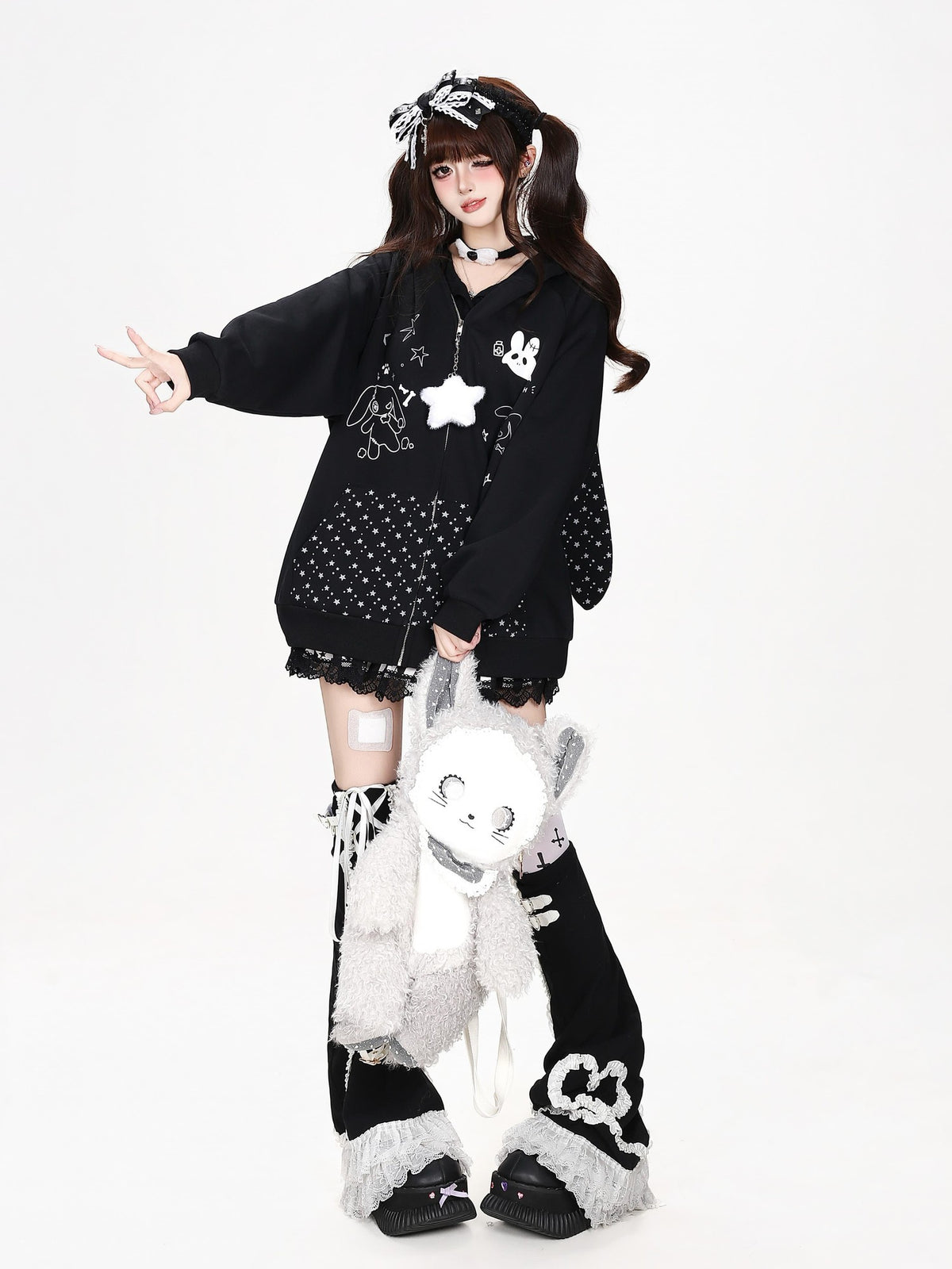 CRAZYGIRL Polka Dot Bow Rabbit Ear Loose Fit Zip Up Women&