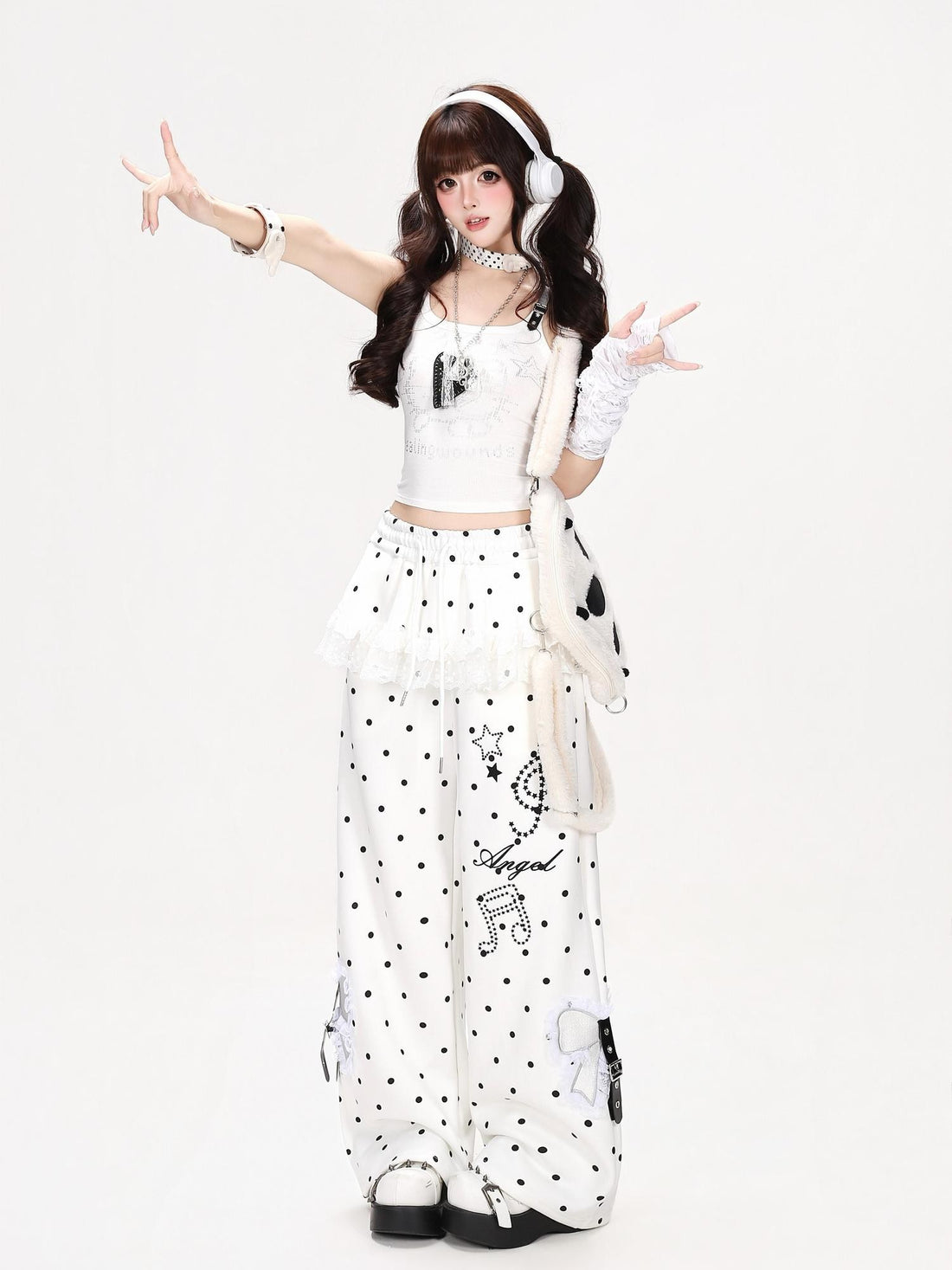 CRAZYGIRL Polka Dot Lace Bow High Waist Straight Leg Women&