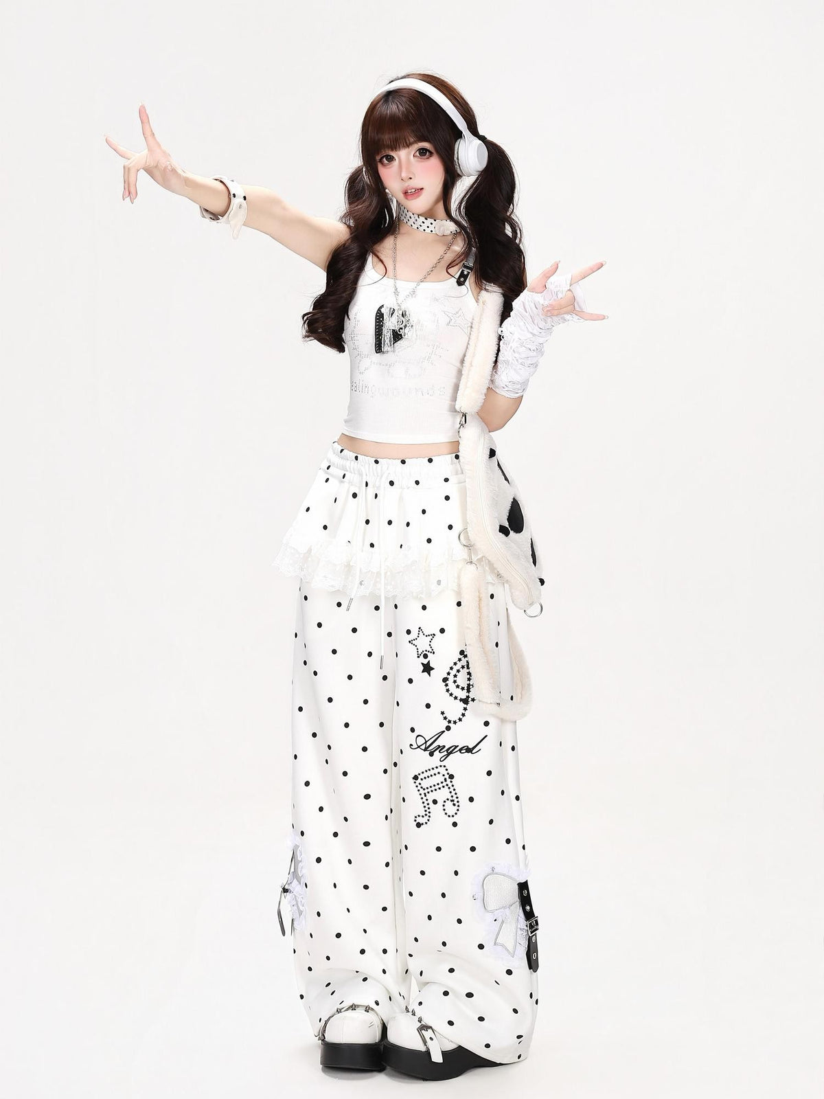 CRAZYGIRL Polka Dot Lace Bow High Waist Straight Leg Women&