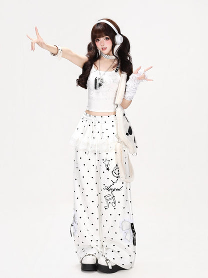 CRAZYGIRL Polka Dot Lace Bow High Waist Straight Leg Women&