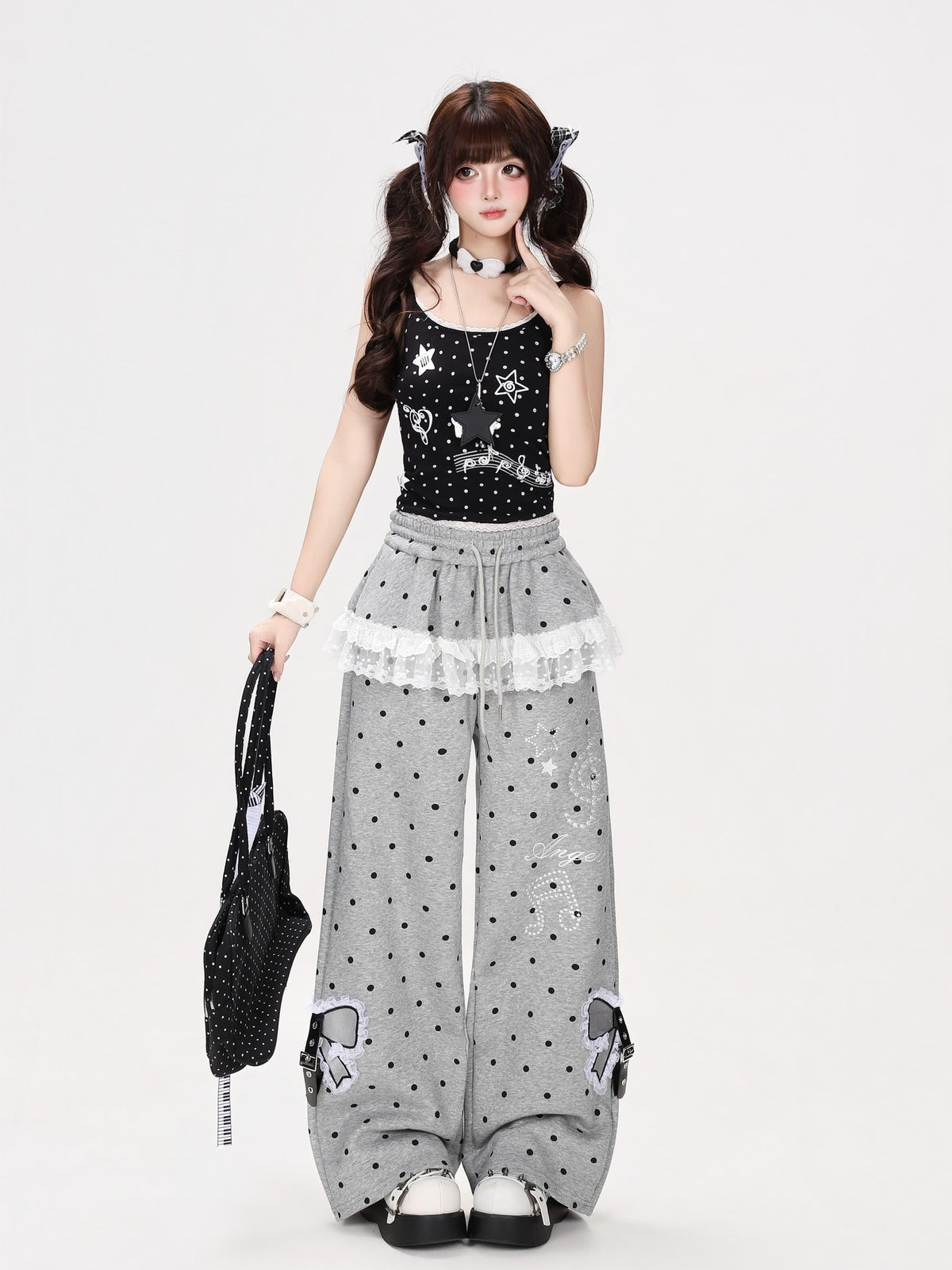 CRAZYGIRL Polka Dot Lace Bow High Waist Straight Leg Women&