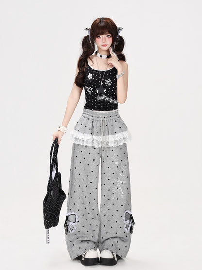 CRAZYGIRL Polka Dot Lace Bow High Waist Straight Leg Women&