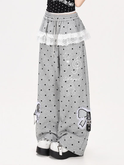 CRAZYGIRL Polka Dot Lace Bow High Waist Straight Leg Women&