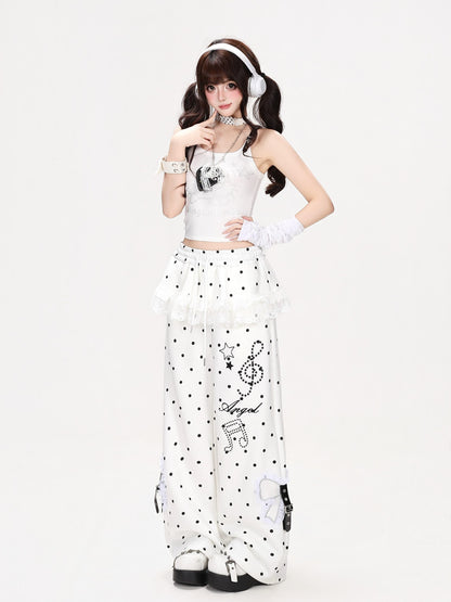 CRAZYGIRL Polka Dot Lace Bow High Waist Straight Leg Women&